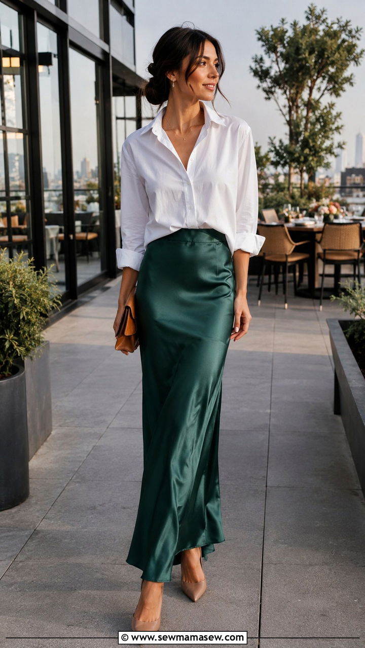 Button down shirt with satin slip skirt - 30 spring rooftop dinner outfit ideas