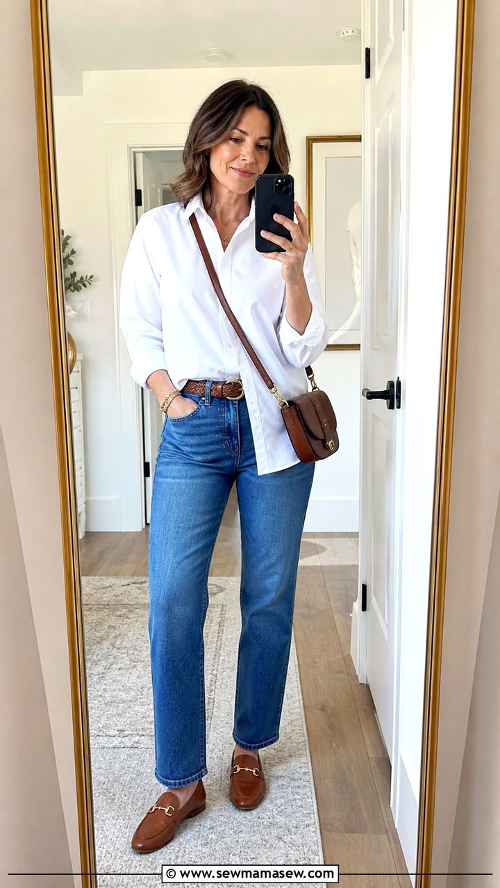 Button down shirt with straight leg jeans - 40 spring outfit ideas for women over 40