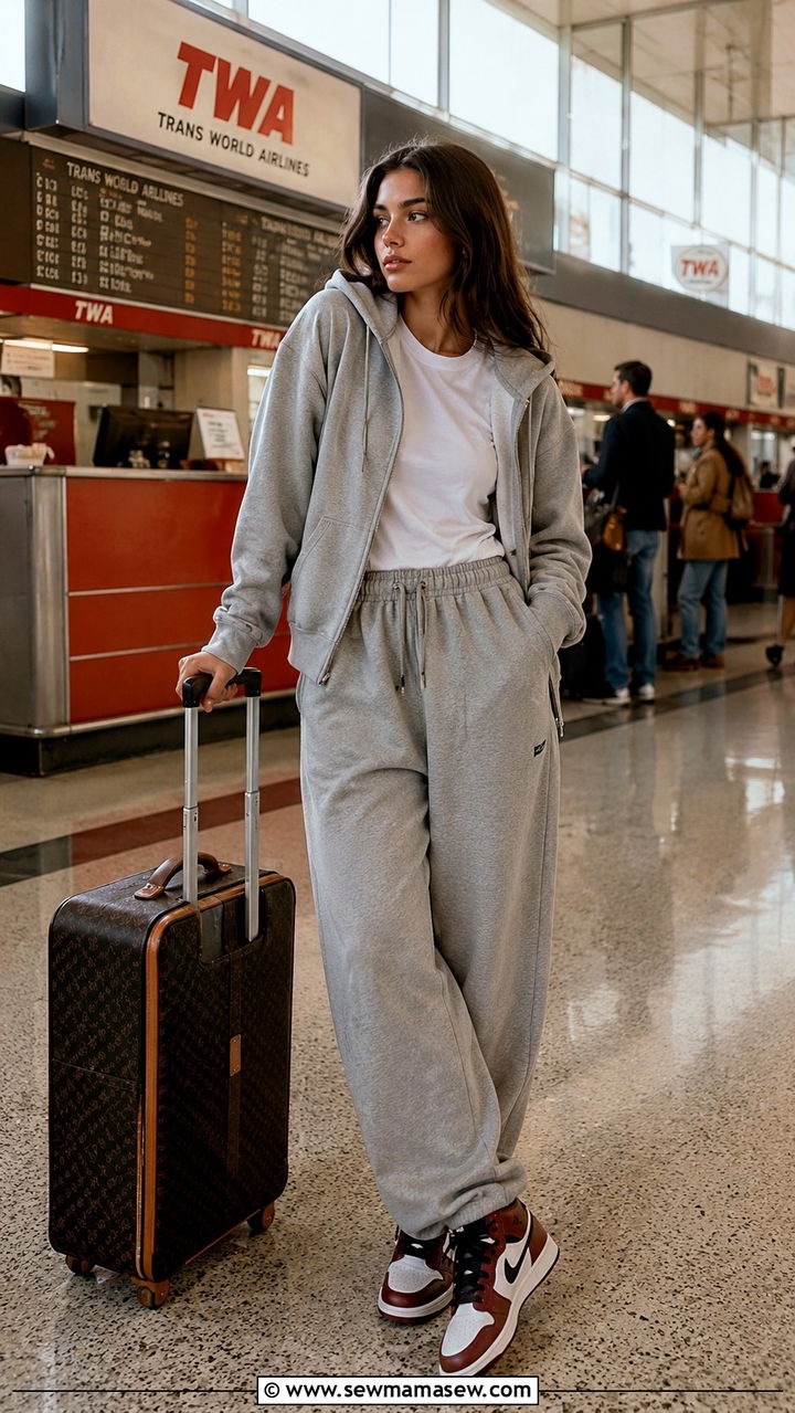Button down shirt with sweatpants airport look - 25 Airport outfit ideas with sweatpants