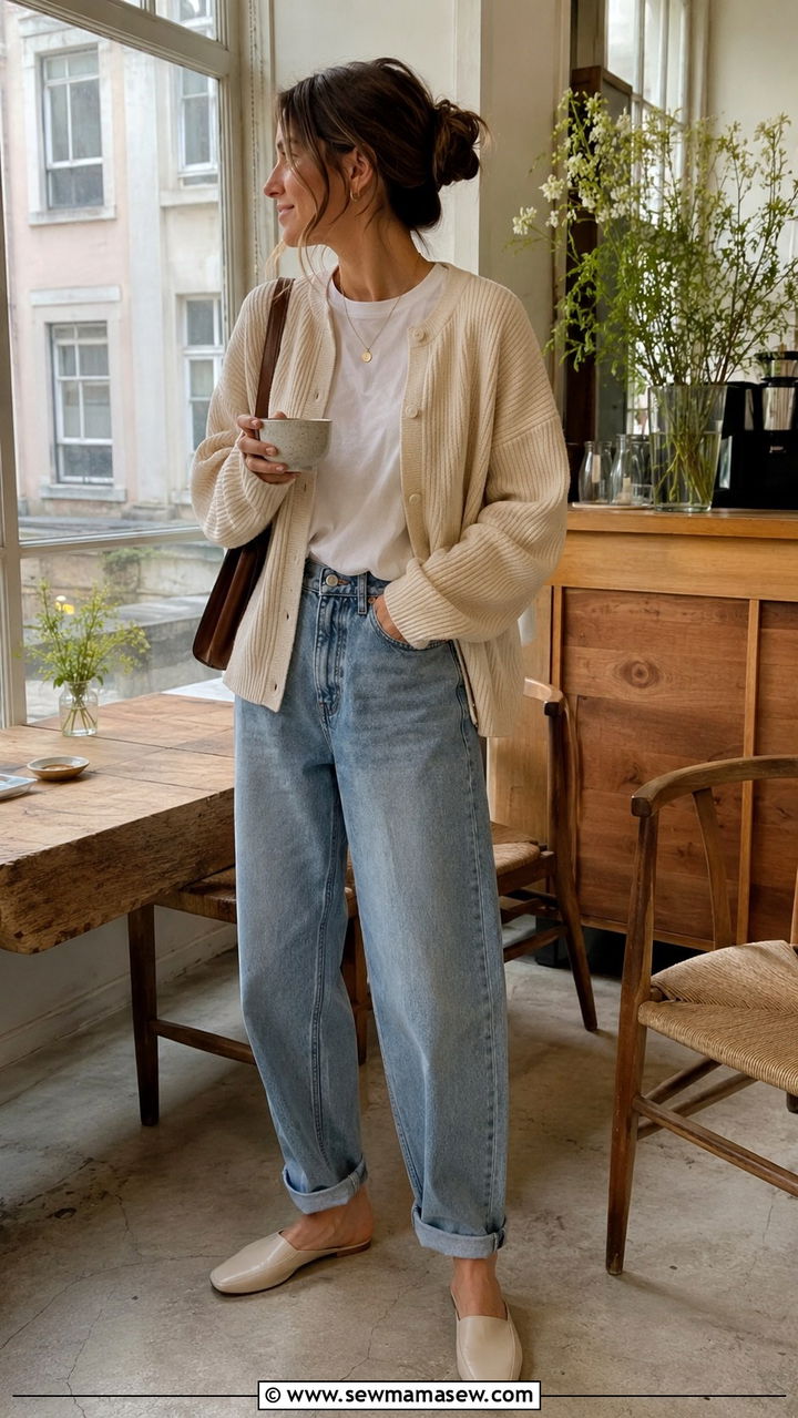Button down shirt with vest and wide leg trousers - 30 spring scandinavian outfits