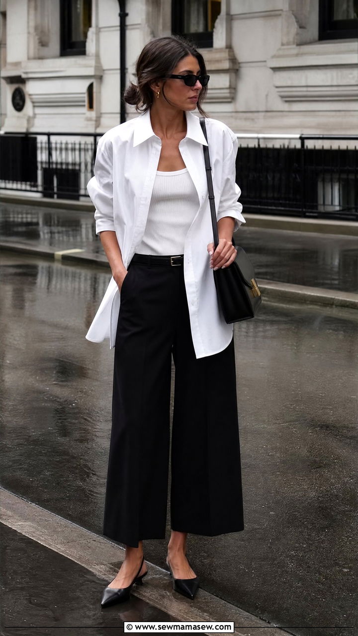 Button down shirt with wide leg pants - 25 spring rainy day outfit ideas