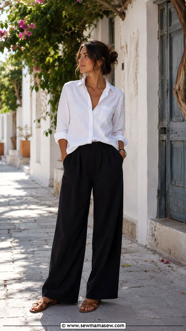 Button down shirt with wide leg trousers - 25 nurse off duty outfit ideas
