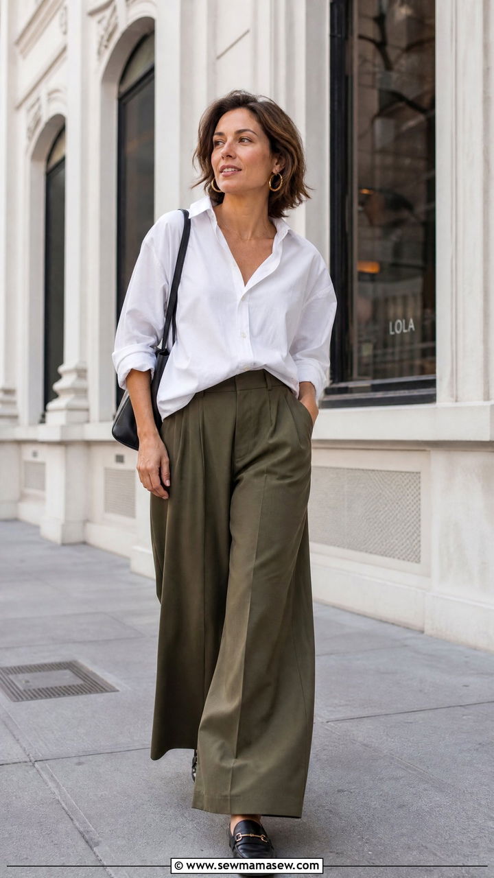 Button down shirt with wide leg trousers - 25 work outfits for postpartum women
