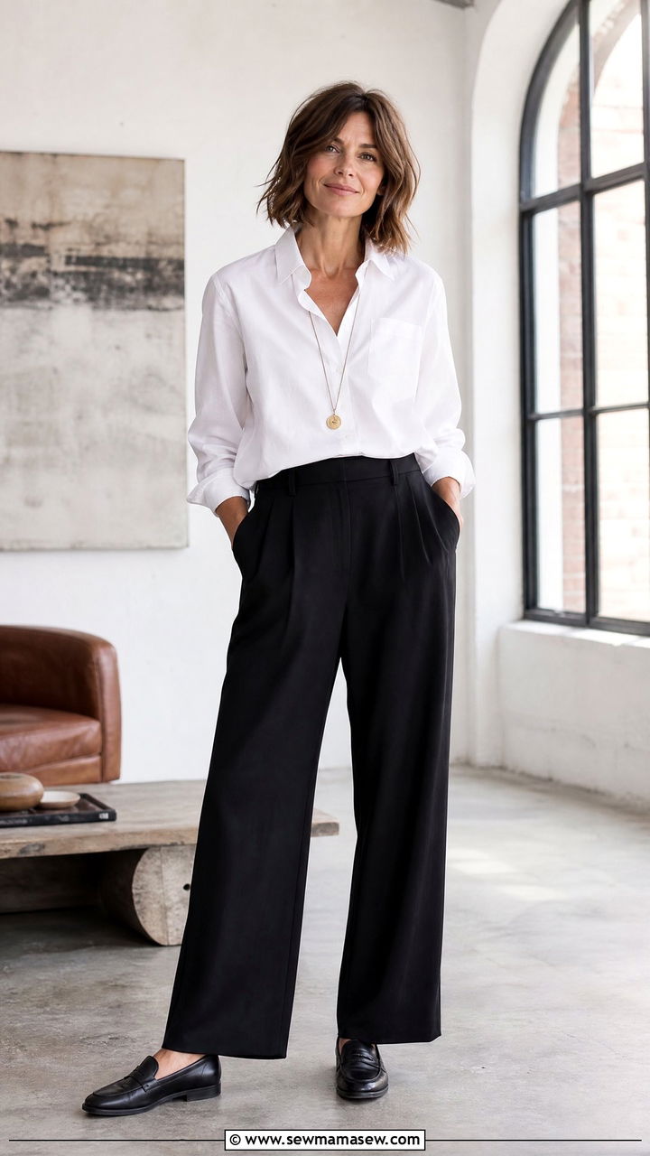 Button down shirt with wide leg trousers - 35 French girl outfit ideas for women over 40