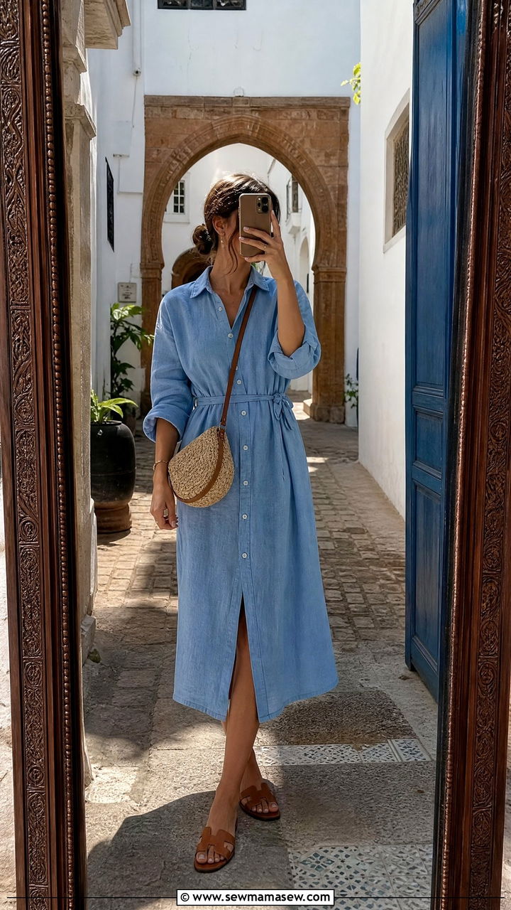 Button down shirtdress with flat sandals - 25 Rabat outfit ideas