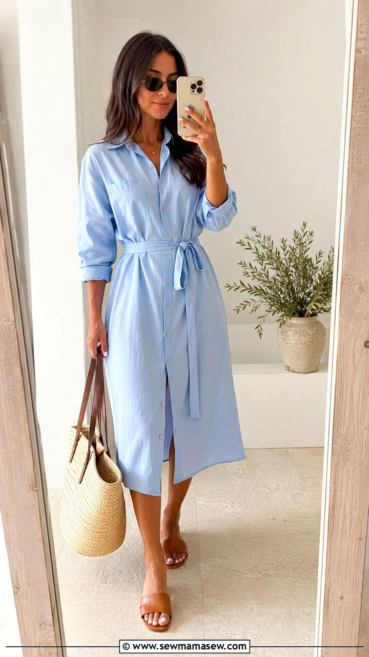 Button down shirtdress with slide sandals - 20 Outfit ideas for belly after C section