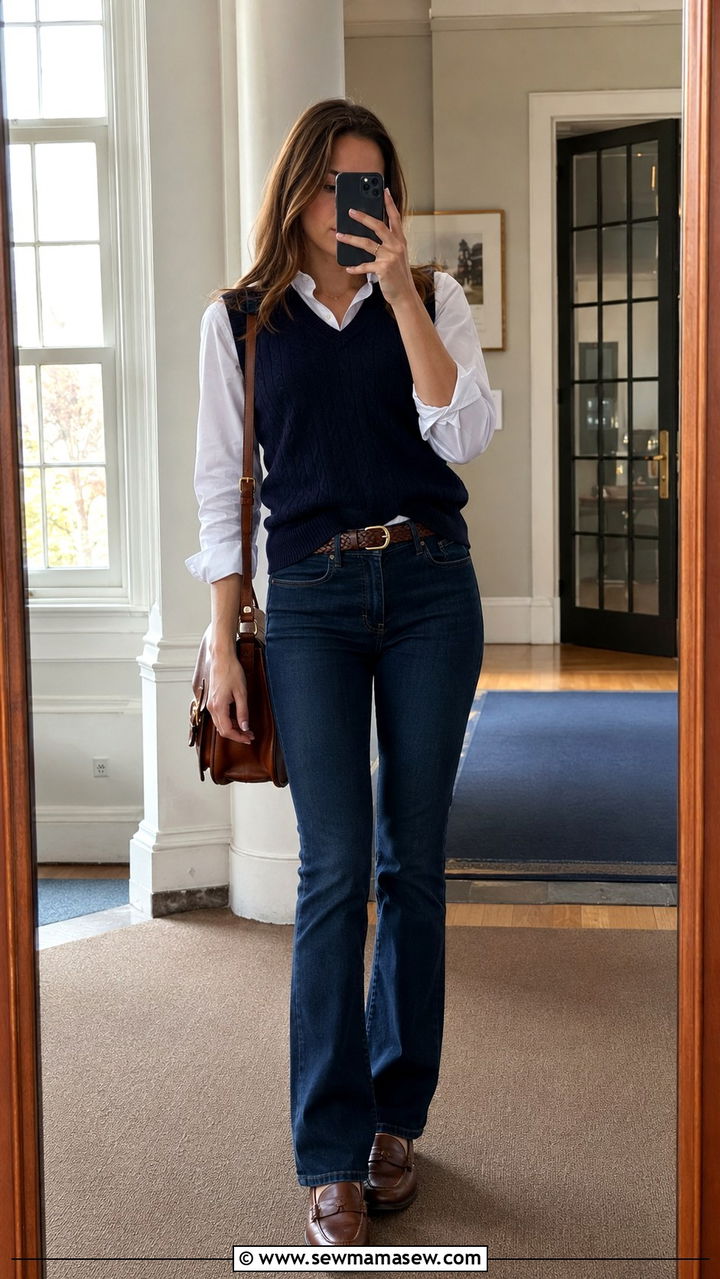 Button down with bootcut jeans and sweater vest - 25 Bootcut jeans outfit ideas with a button down