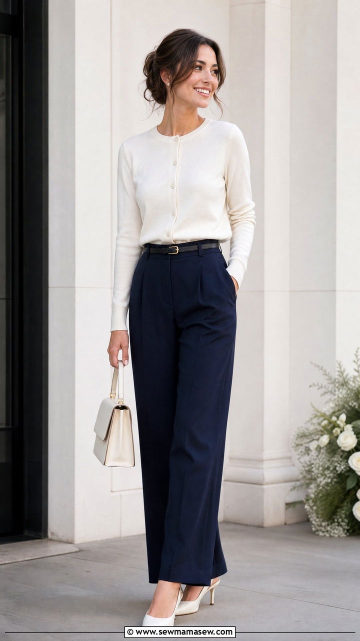 Button front cardigan with tailored trousers for wedding - 25 How to style a cardigan for a wedding