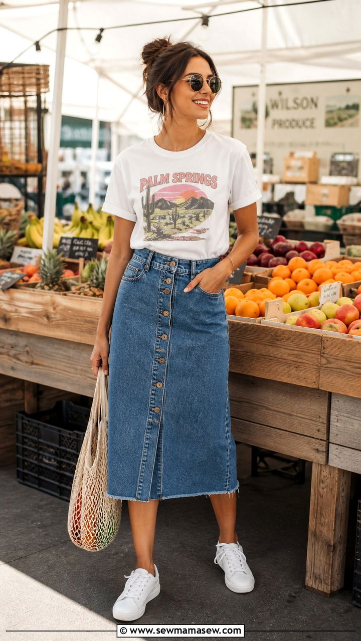 Button front denim skirt with a graphic tee - 40 Cute summer outfits