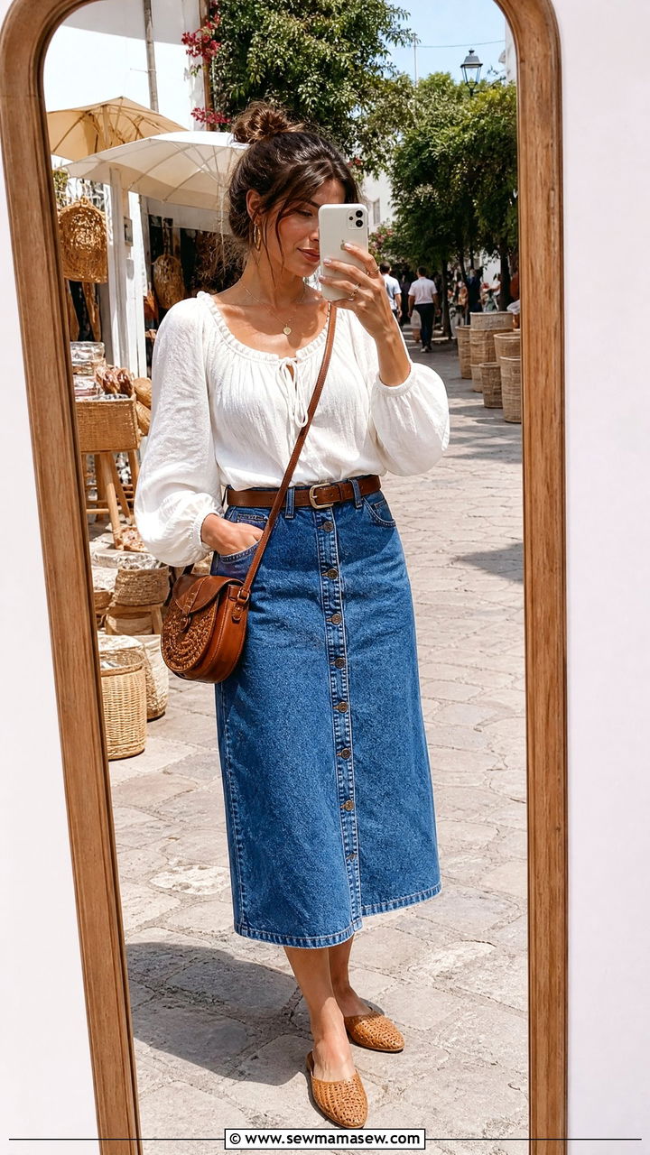 Button front denim skirt with peasant top - 30 Boho outfit ideas petite