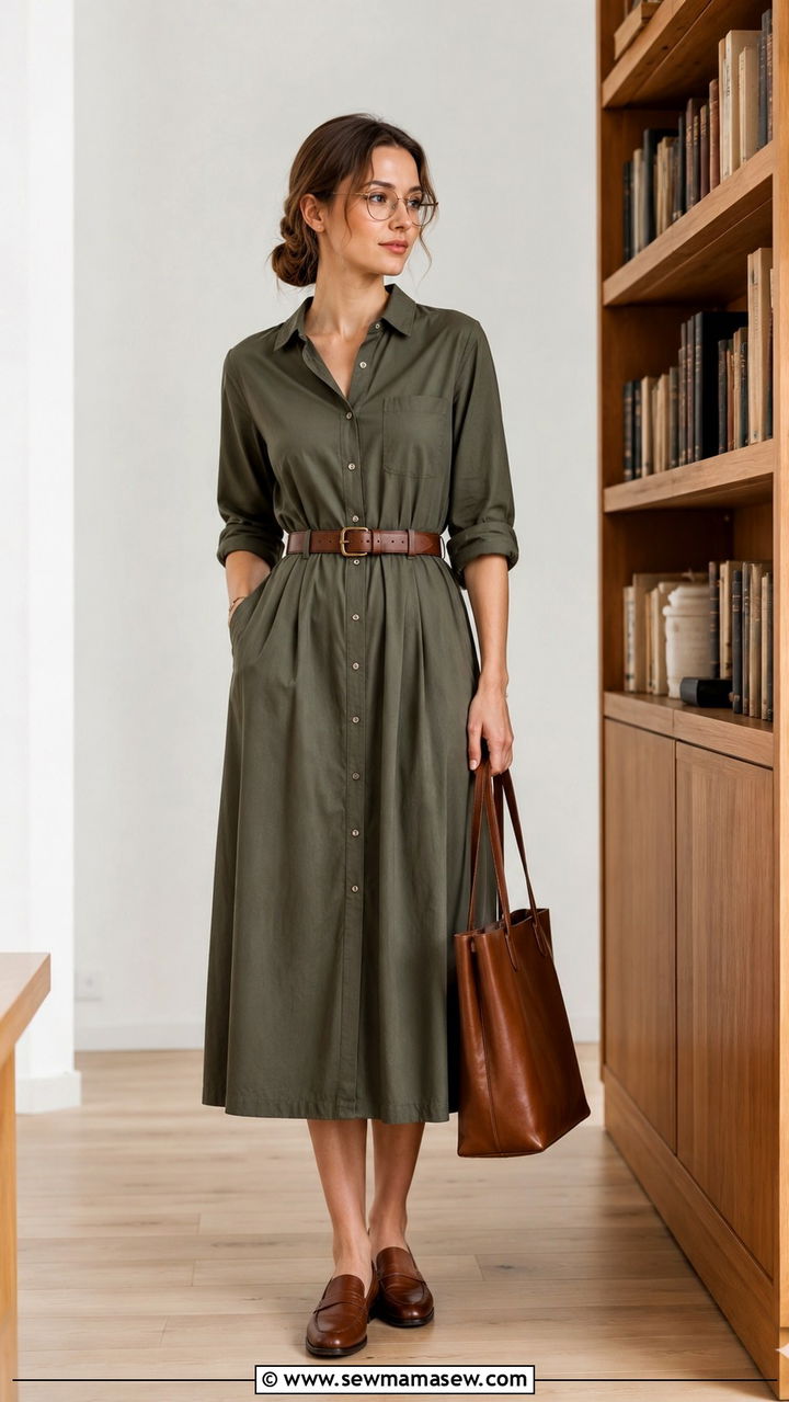Button front dress with belt outfit - 30 librarian core outfits ideas
