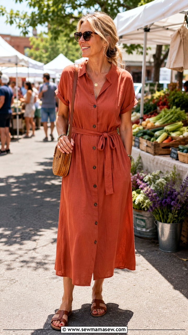 Button front dress with leather sandals - 30 Dress outfit ideas for women over 40