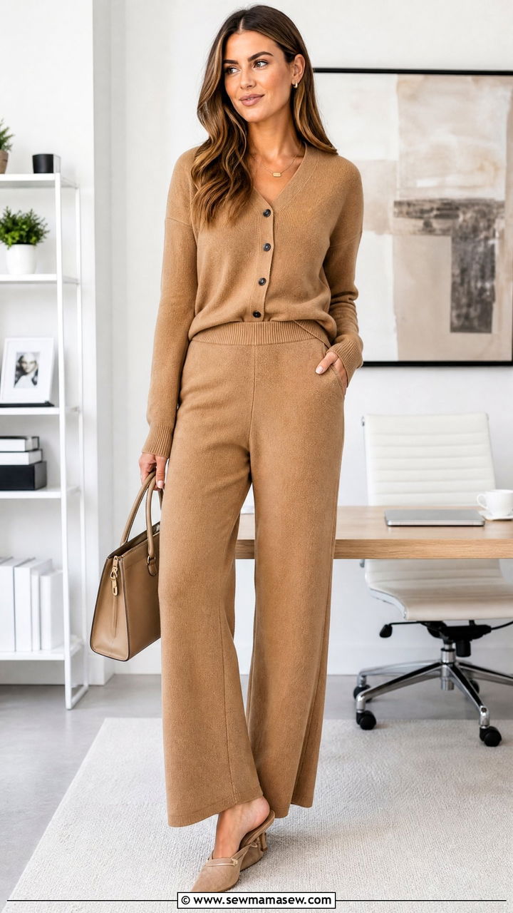 Button front knit cardigan and pant set - 25 Knit matching set outfit ideas