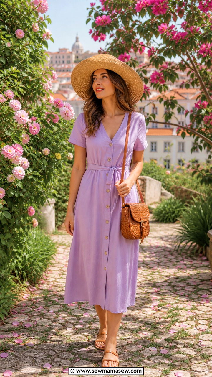 Button front midi dress and straw hat Lisbon spring outfit - 40 Lisbon outfit ideas