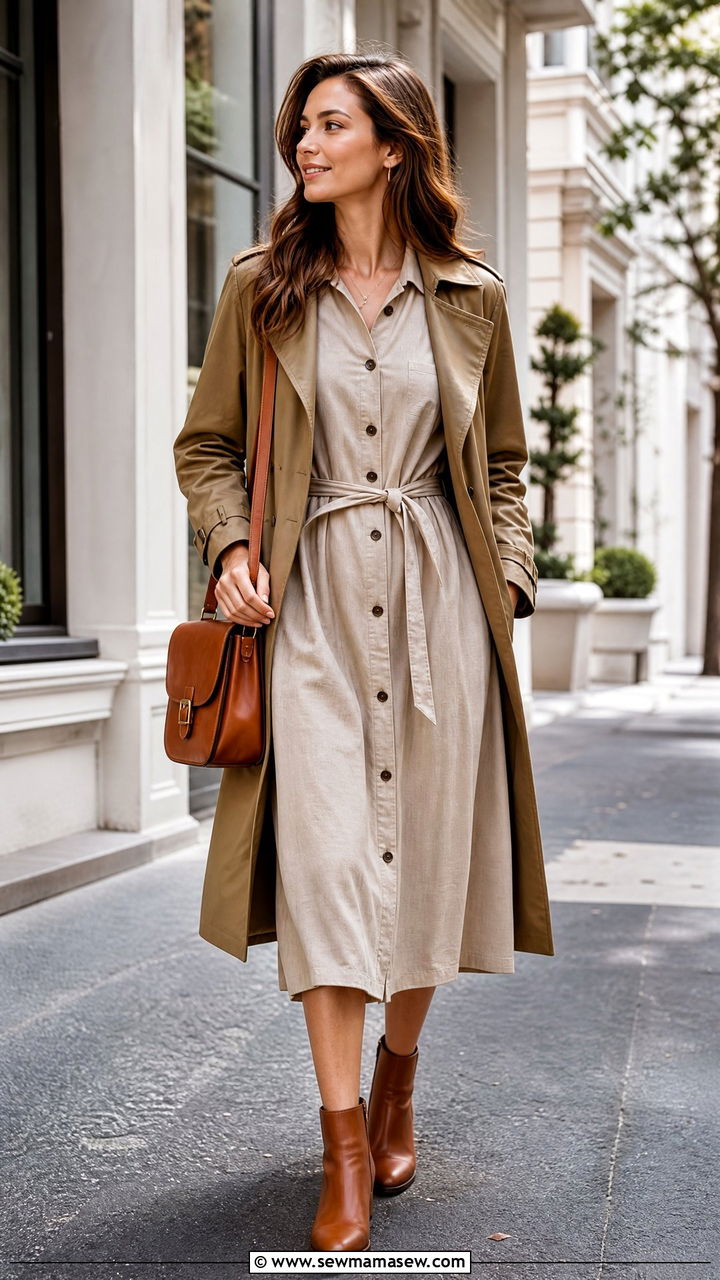 Button front midi dress and trench coat look - 25 librarian core outfits 2026