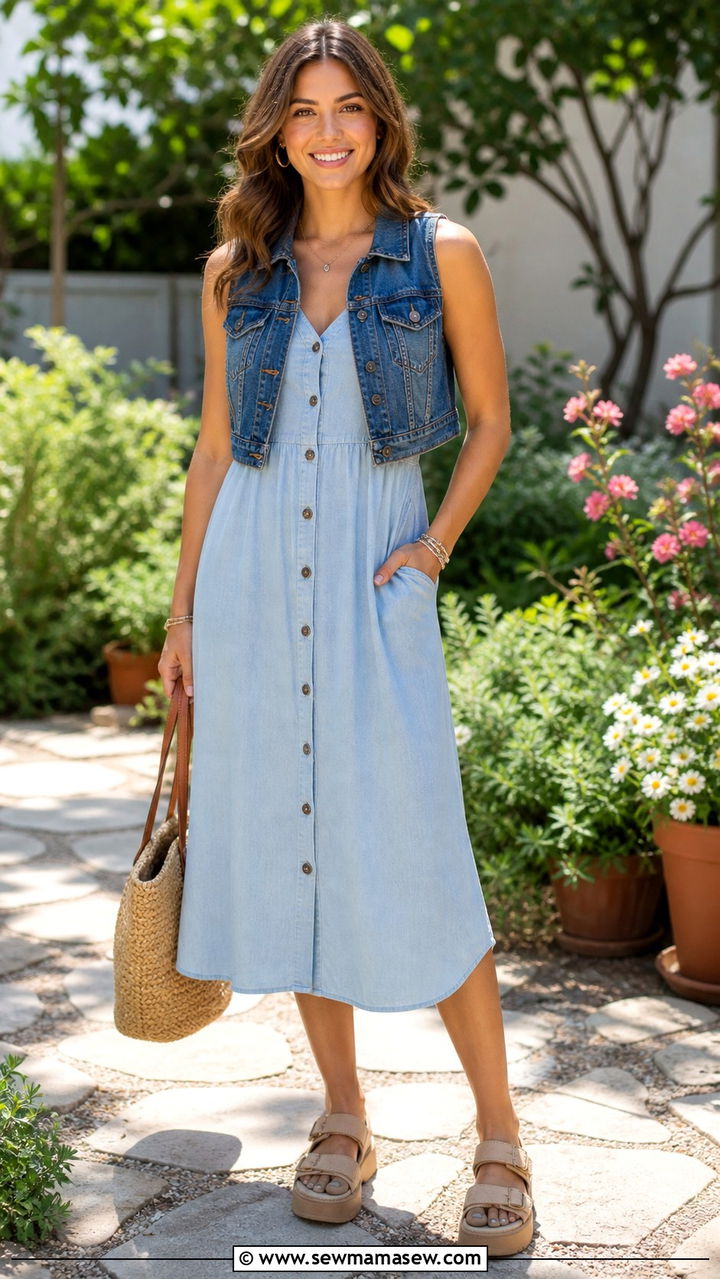 Button front midi dress with a denim vest and chunky sandals - 40 spring casual outfit ideas