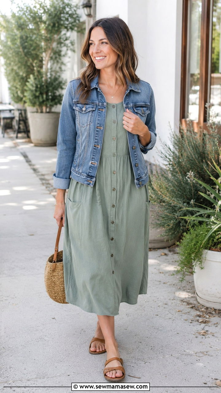 Button front midi dress with denim jacket postpartum outfit - 25 outfit ideas for postpartum women