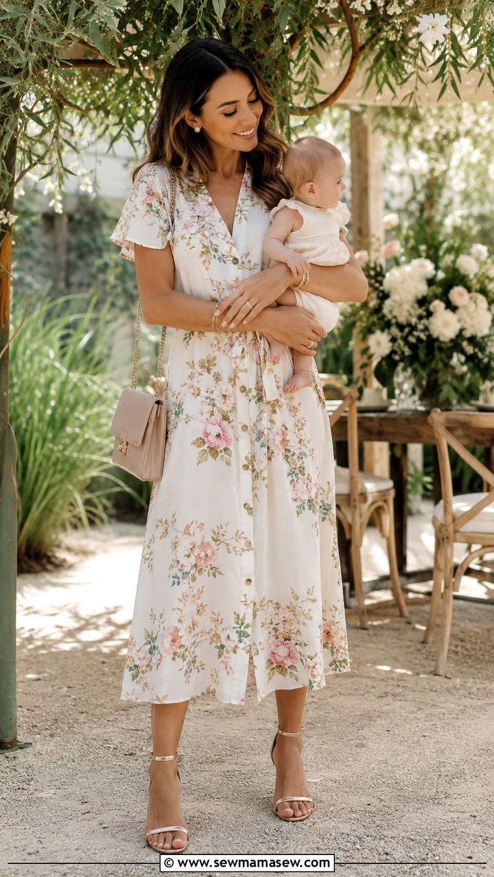 Button front midi dress with strappy sandals - 25 wedding guest outfits for new moms
