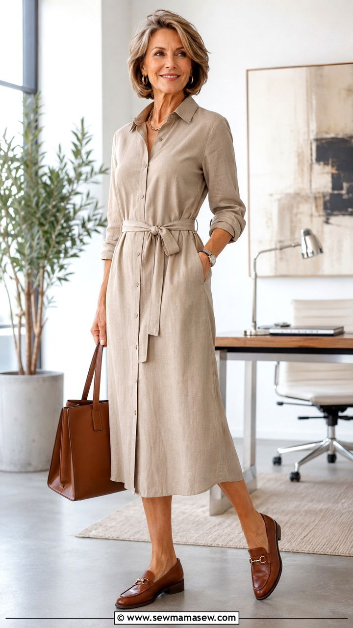 Button front midi shirt dress with leather loafers - 20 Work outfit ideas for women over 50 2026