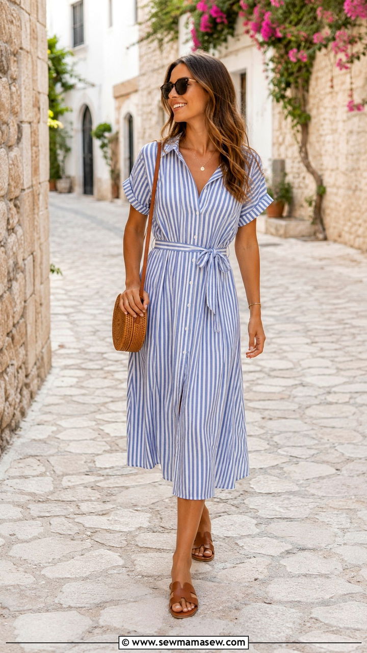 Button front midi shirtdress with leather sandals - 30 cute resort vacation outfits