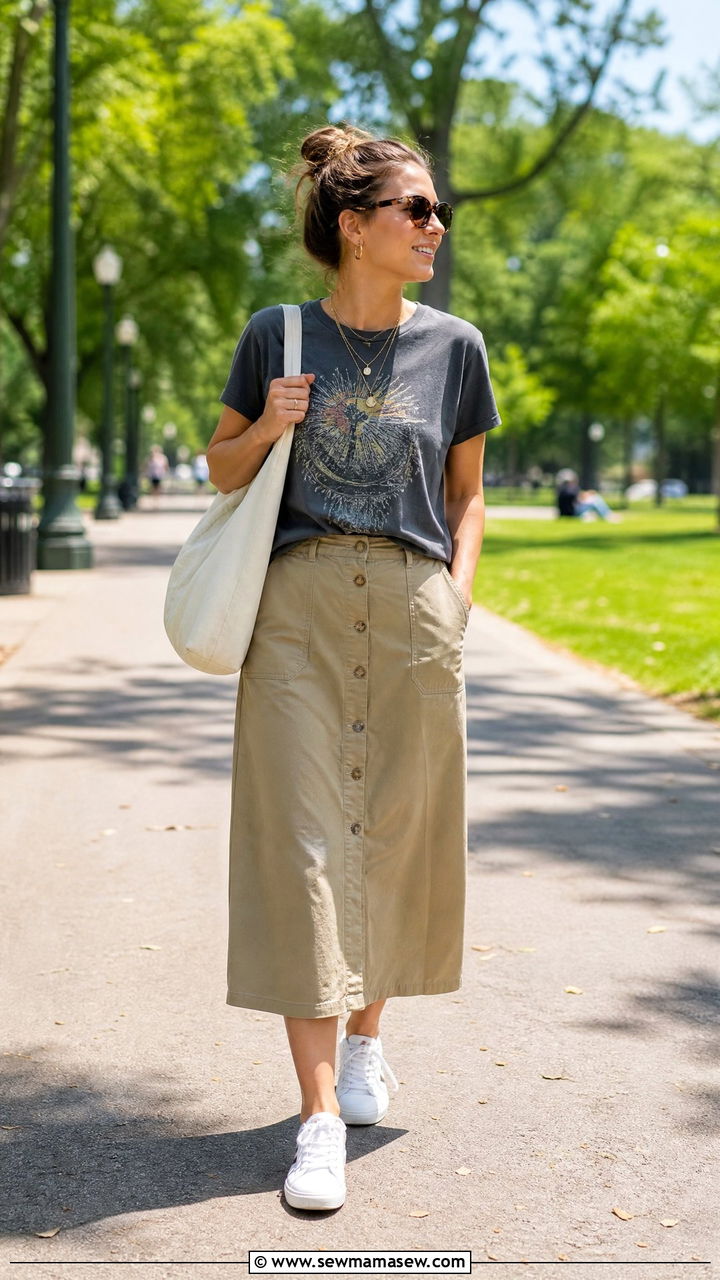Button front midi skirt and graphic tee - 30 Summer capsule wardrobe over 40