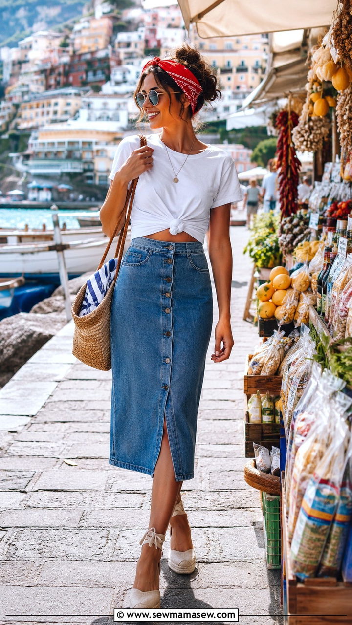 Button front midi skirt with a knotted tee and espadrille wedges - 25 Positano outfit ideas