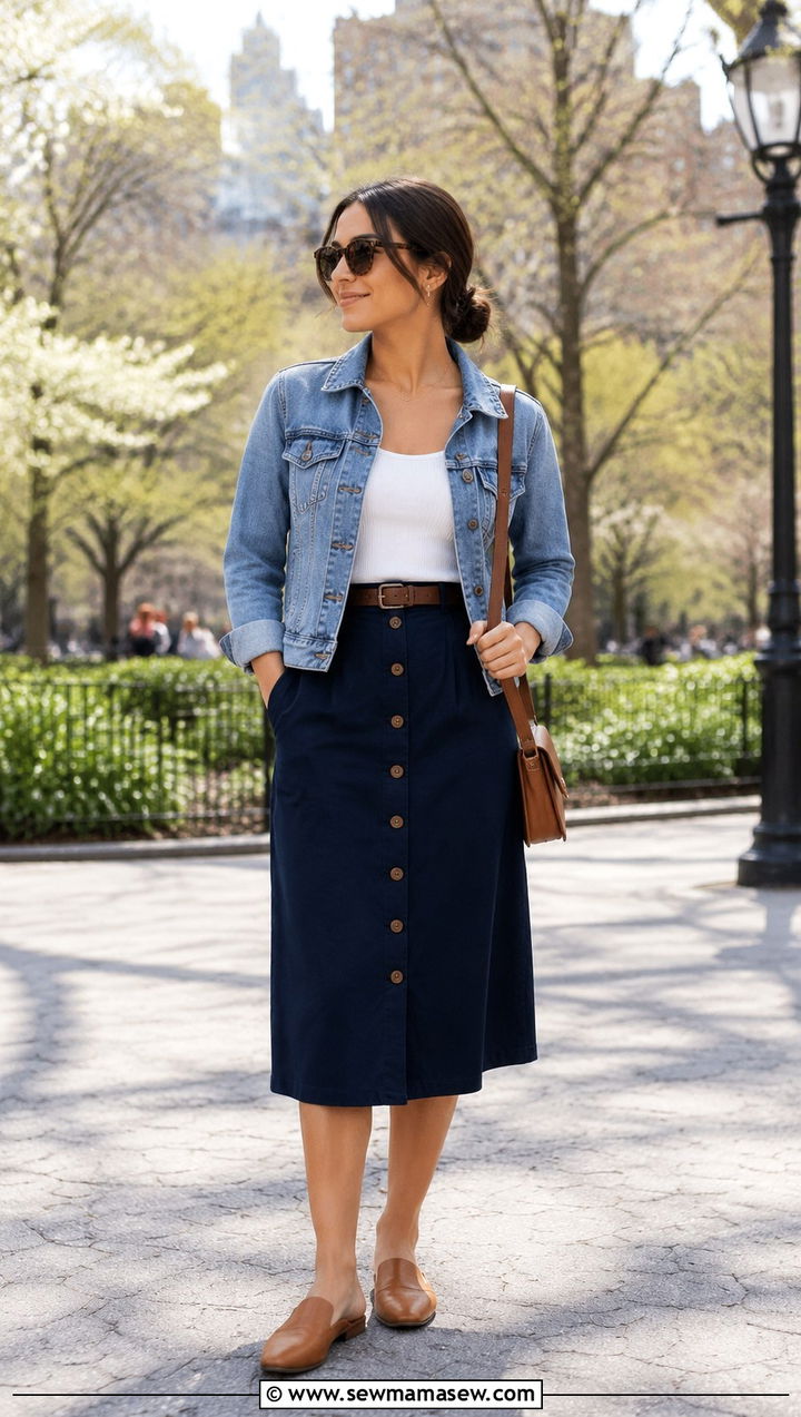 Button front midi skirt with a tank - 30 Spring outfits for petite women