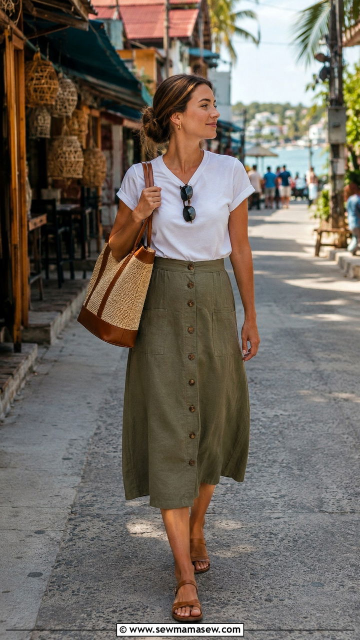 Button front midi skirt with tucked tee Koh Samui - 30 Koh Samui vacation outfit ideas