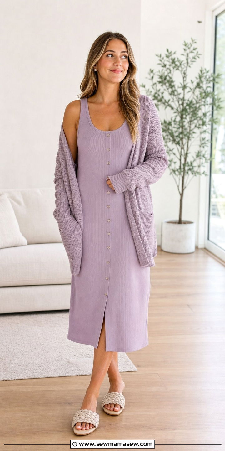 Button front midi tank dress with a slouchy cardigan - 25 Spring at home outfit ideas
