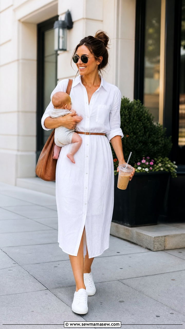 Button front shirt dress with white sneakers - 30 summer outfits for postpartum women