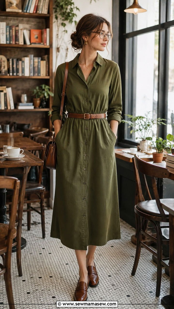 Button through shirt dress and loafers outfit - 30 librarian core outfits for women