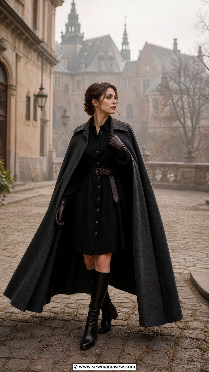 Button up dress with wool cape - 25 classy dark academia outfits
