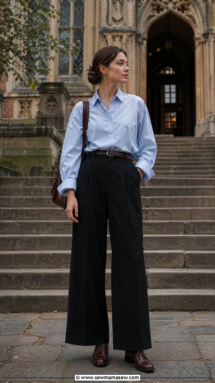 Button up shirt and wide leg trousers academic look - 35 First day of college outfit ideas