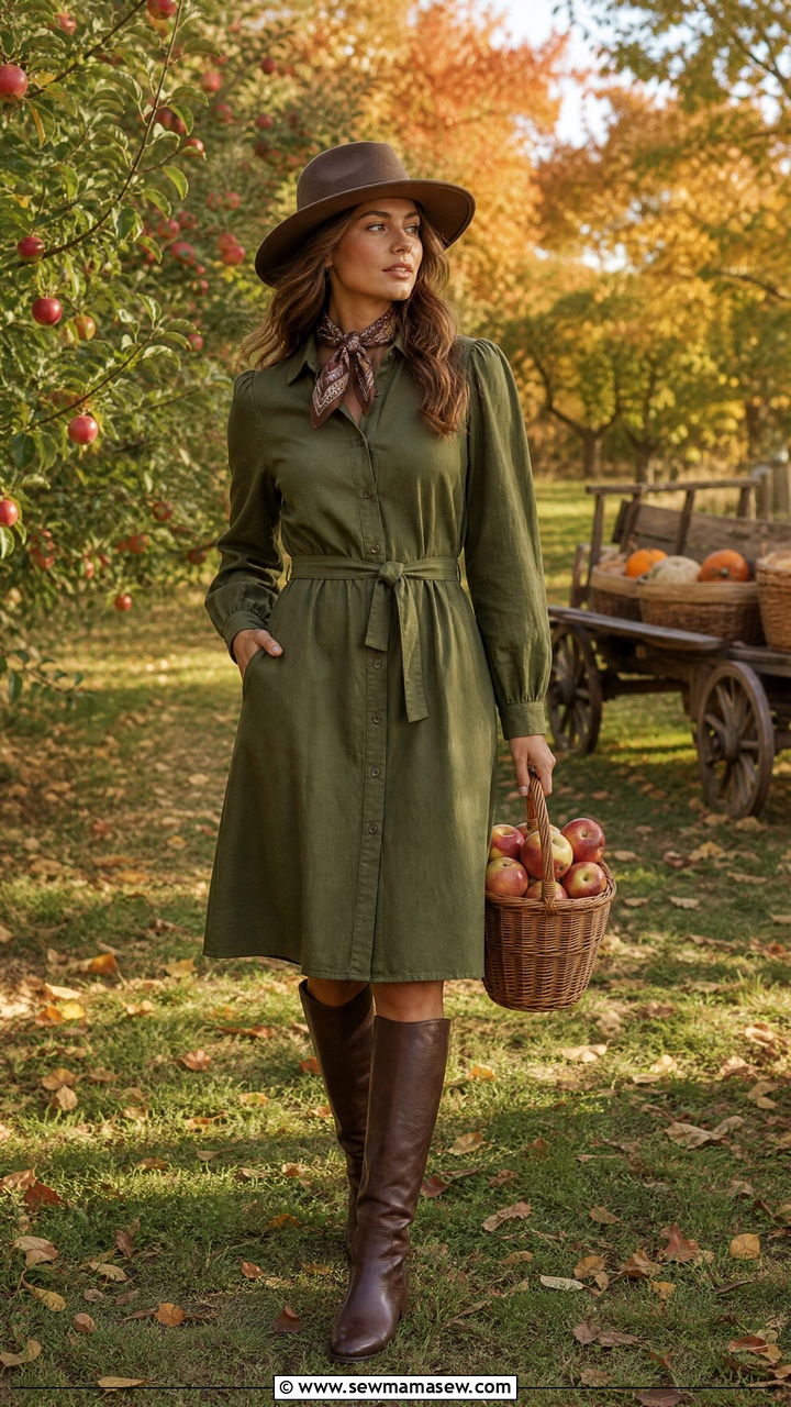Button up shirt dress with leather boots - 25 classy cottagecore outfit ideas
