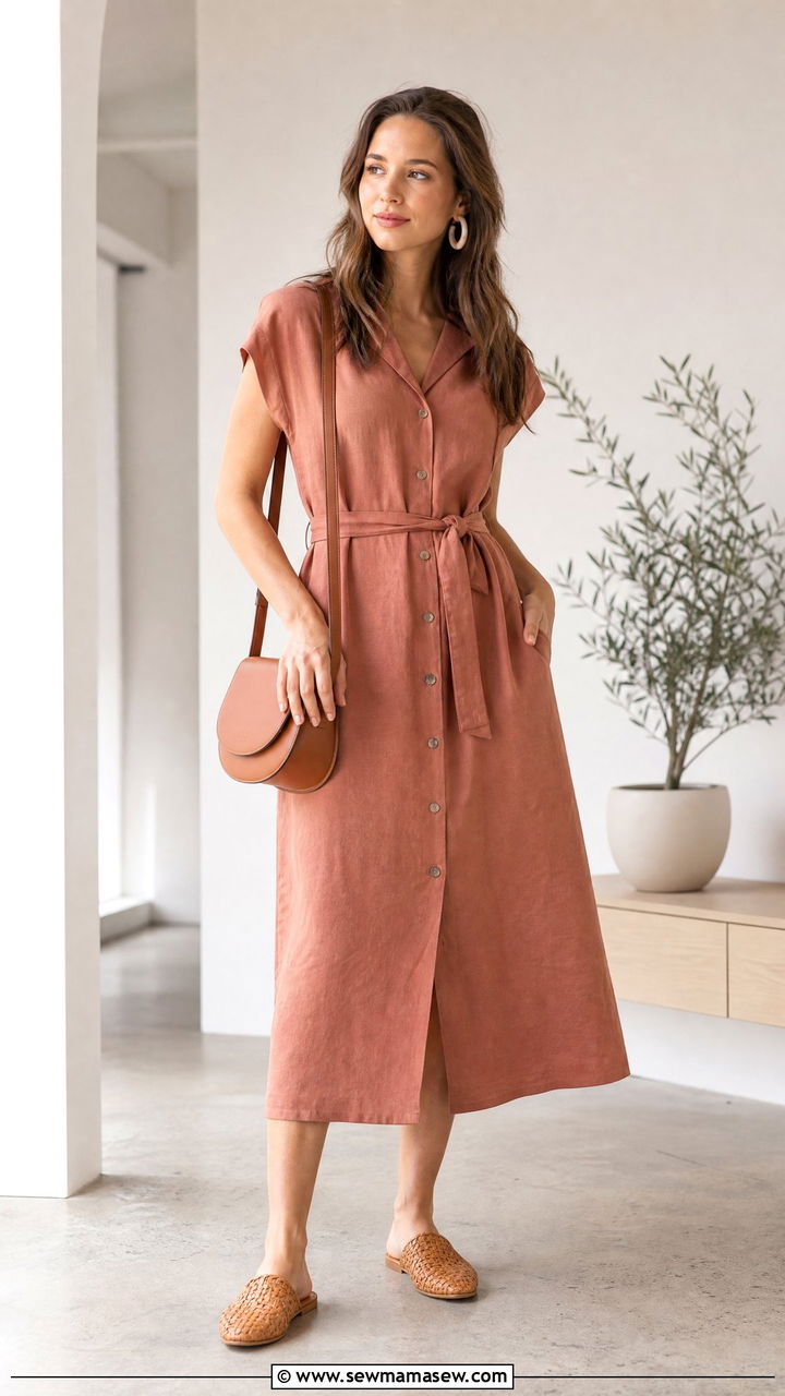ButtonFront Linen Midi Dress With Waist Belt - 30 summer linen dress outfit ideas