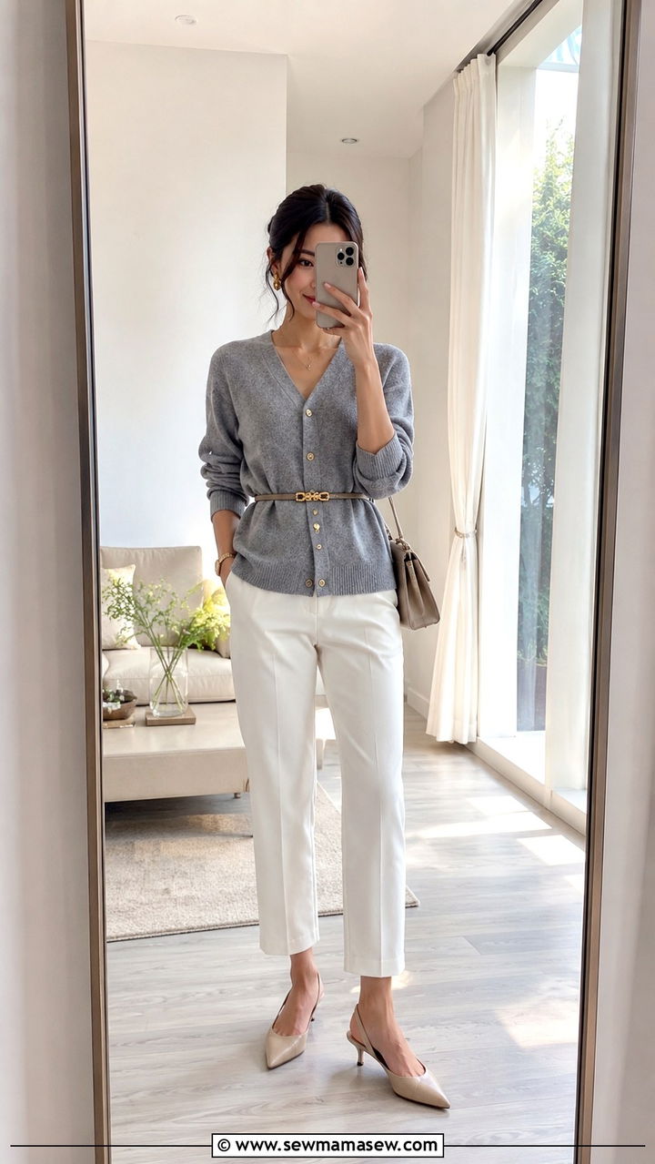 Buttoned Cardigan White Pants - 30 casual outfits for short women