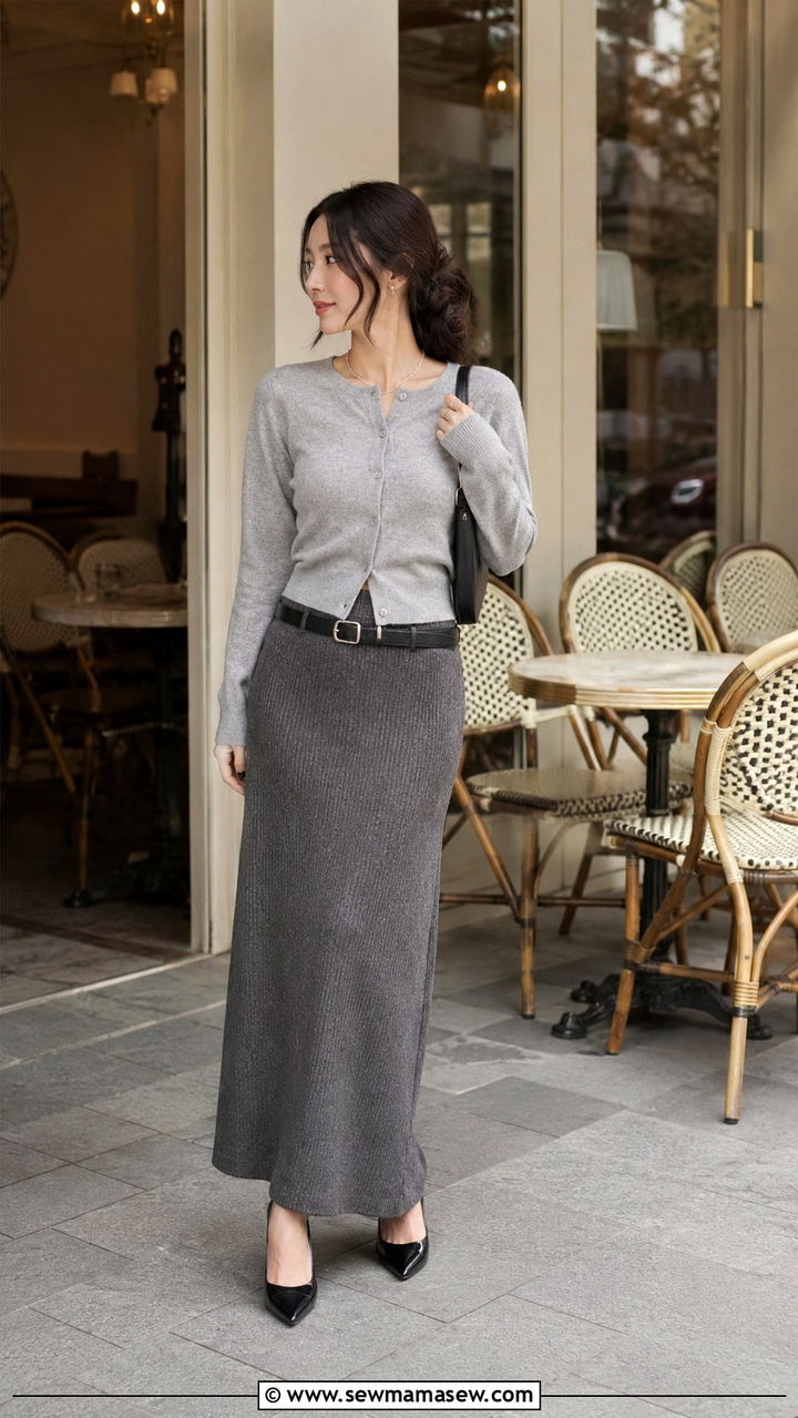 Buttoned Cardigan With Long Skirt - 30 transitional petite outfit ideas