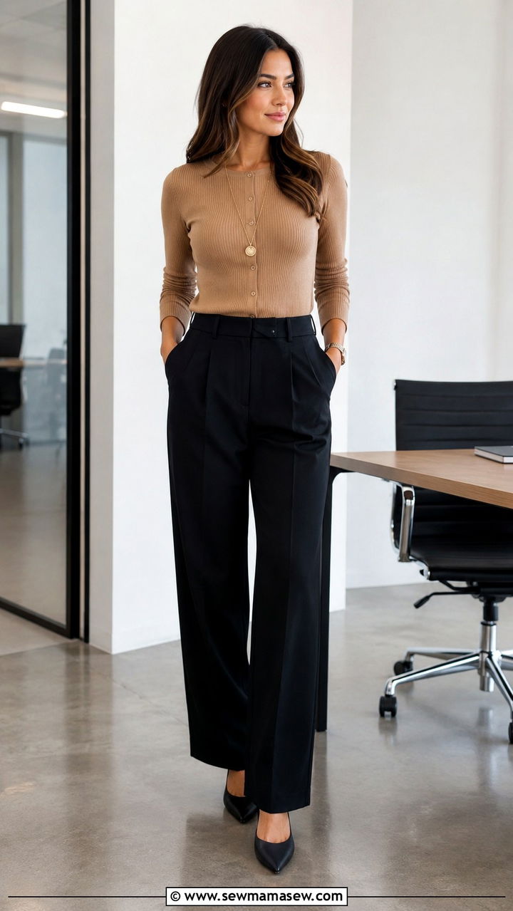 Buttoned Cardigan Worn as a Top with Tailored Trousers - 30 How to style a cardigan for work