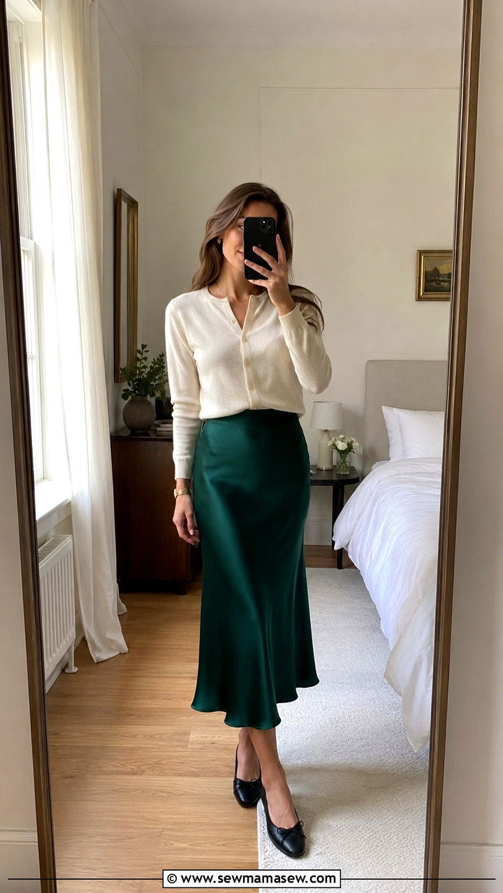 Buttoned Cardigan as Top with Midi Skirt and Ballet Flats - 25 Old money outfit ideas affordable