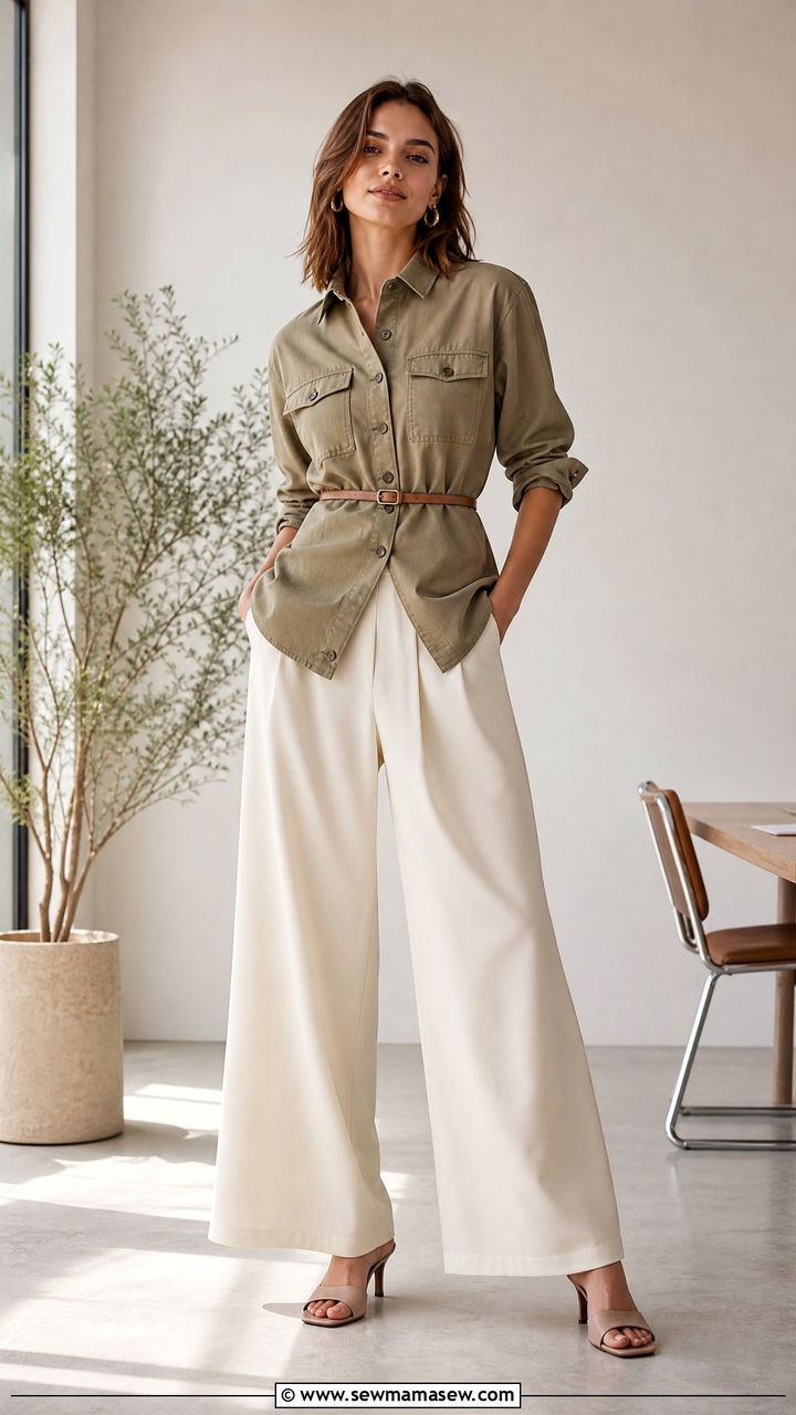 Buttoned Utility Jacket With Wide Leg Trousers Outfit - 30 Summer outfits with utility jacket