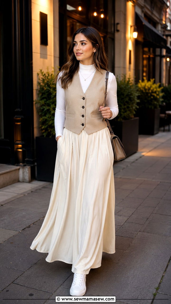 Buttoned Vest Over Long Sleeve Top With Flowy Maxi Skirt - 30 modest girls night out outfit ideas