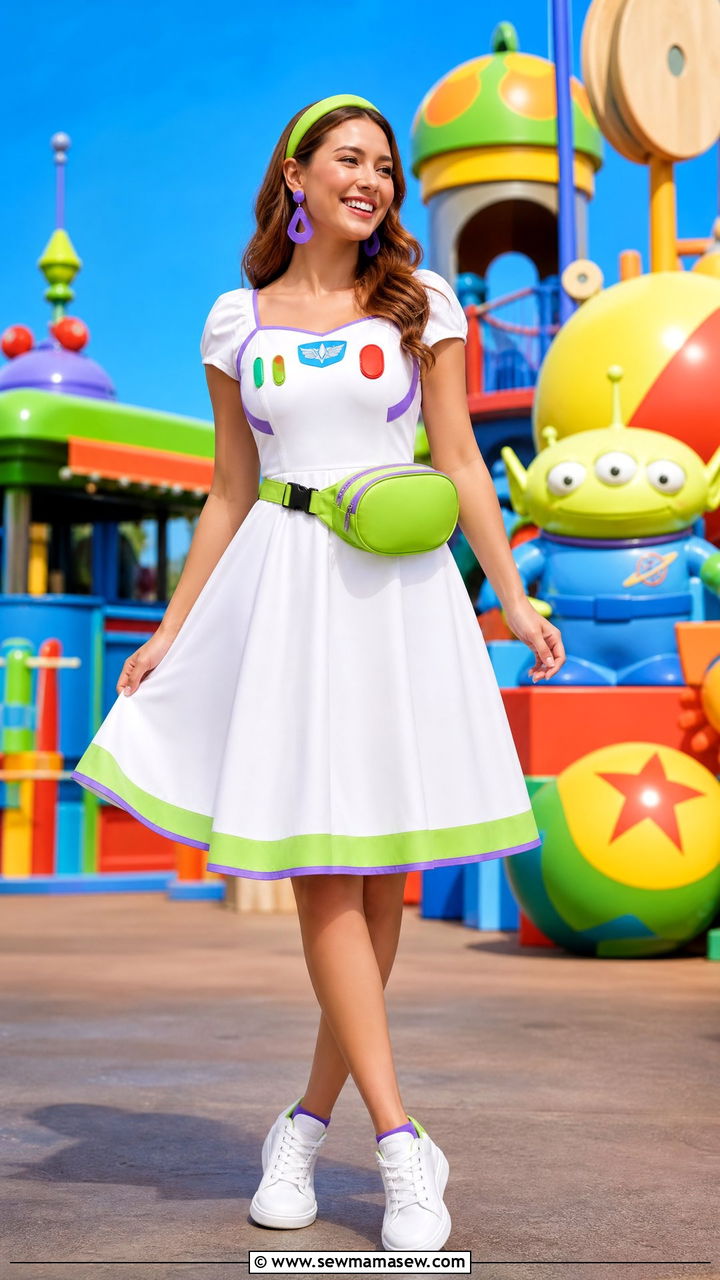 Buzz Lightyear Inspired White Dress With Purple And Green Accents - 40 Disney trip outfit ideas