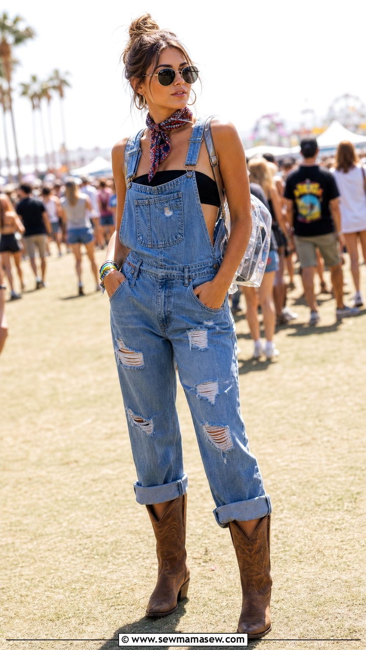 CMA Fest Denim Overalls and Bandeau Top - 25 CMA Fest outfit ideas