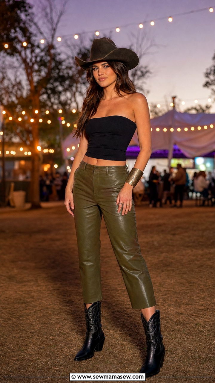 CMA Fest Leather Pants and Tube Top Outfit - 25 CMA Fest outfit ideas