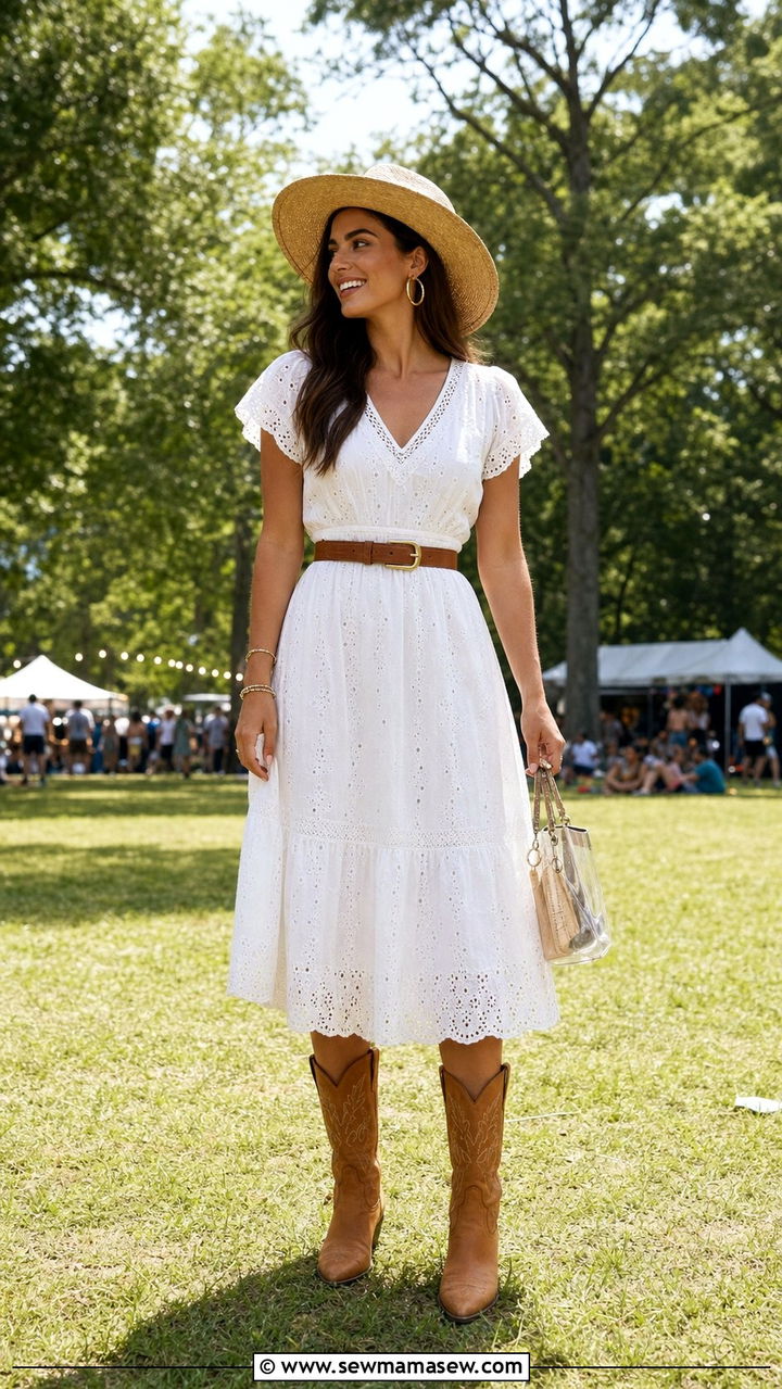 CMA Fest White Eyelet Dress and Tan Boots - 25 CMA Fest outfit ideas