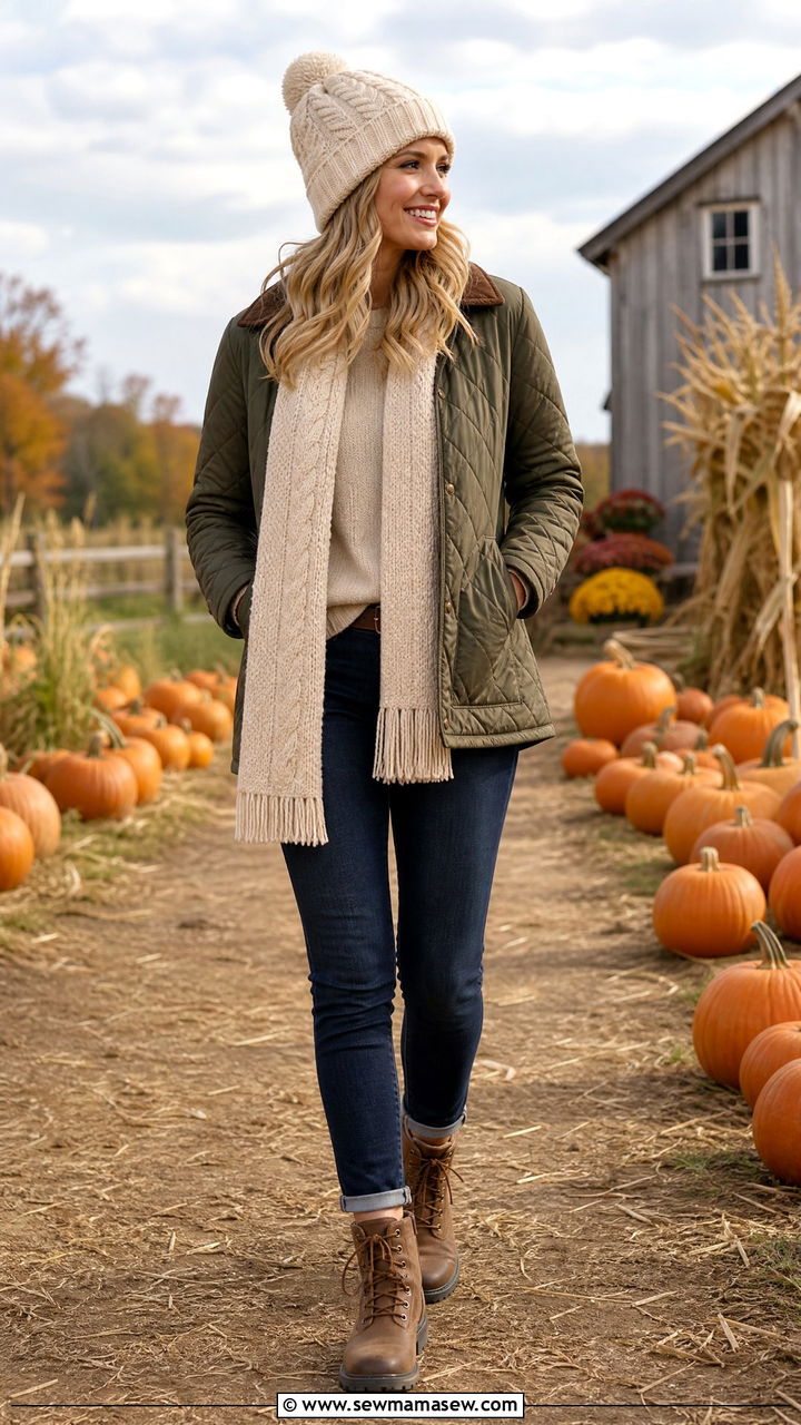 Cable Knit Beanie With Matching Scarf And Quilted Barn Jacket - 35 Hygge outfit ideas