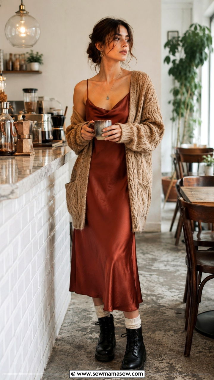 Cable Knit Cardigan Over A Slip Dress - 25 poetcore outfits to copy