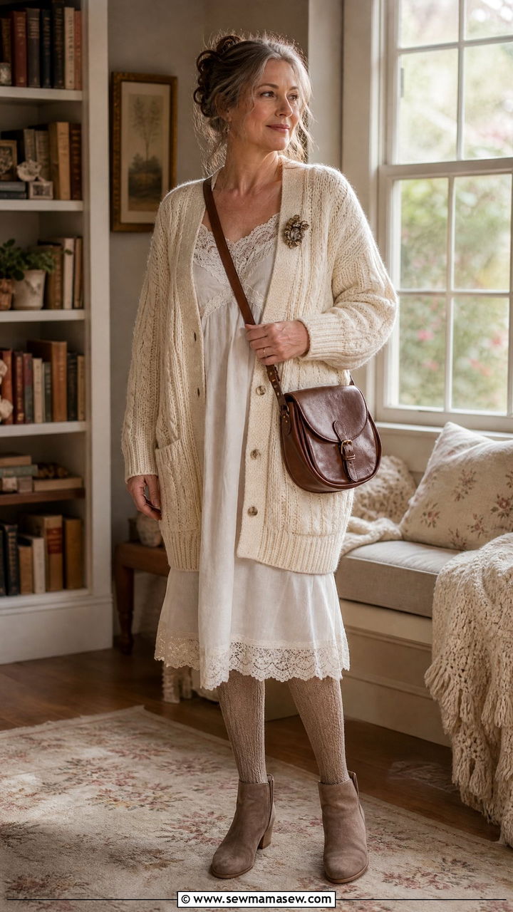 Cable Knit Cardigan Over Lace Trimmed Dress - 30 cottagecore outfit ideas for women over 40