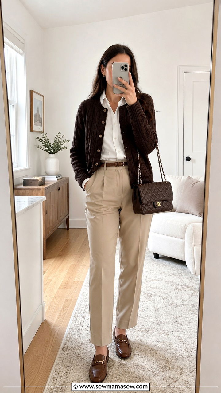 Cable Knit Cardigan Over a Collared Blouse and Tailored Trousers - 25 Old money outfit ideas with cable knit