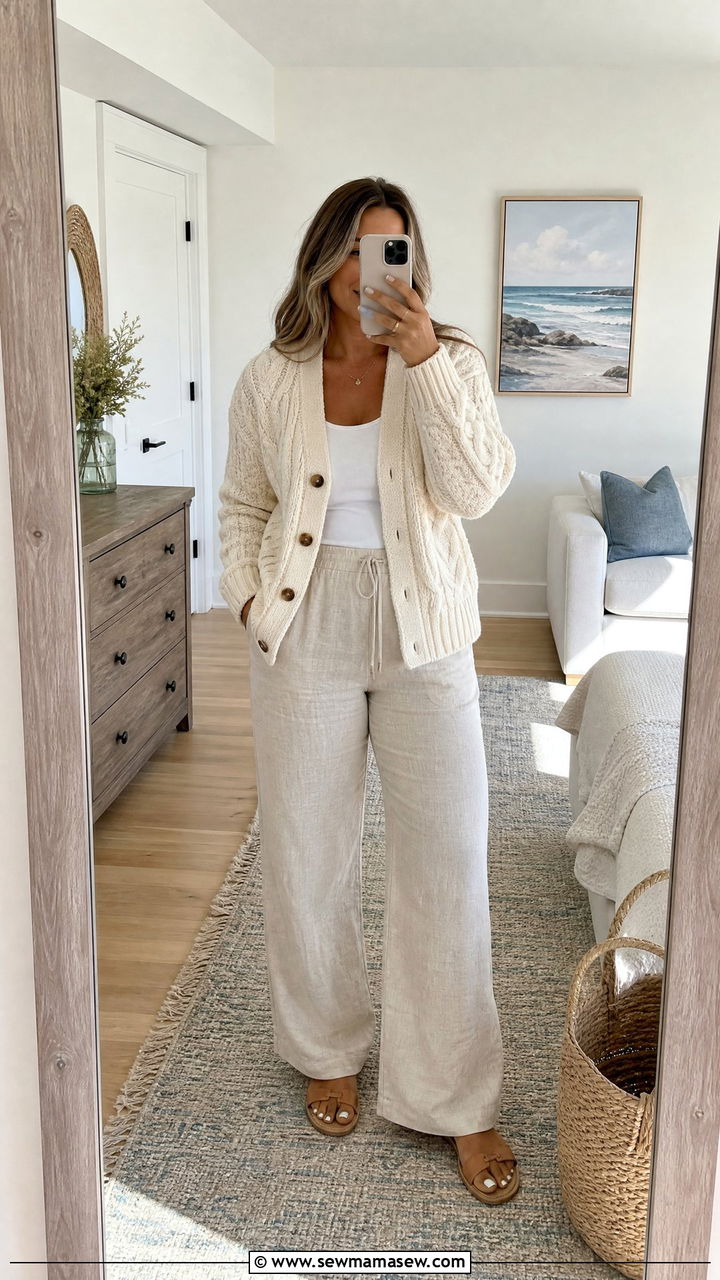Cable Knit Cardigan With A White Tank And Linen Trousers - 35 Midsize capsule wardrobe